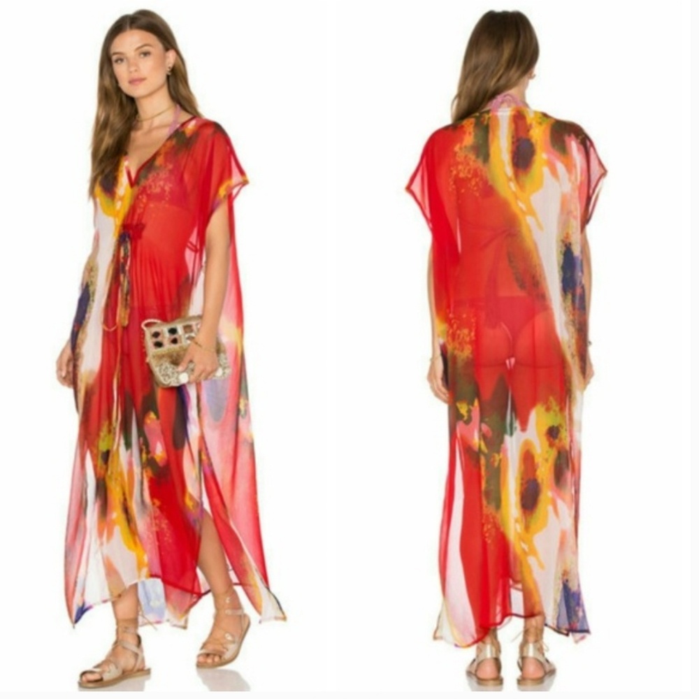 Michael Stars Red Multicolor Sheer Kaftan Swim Coverup